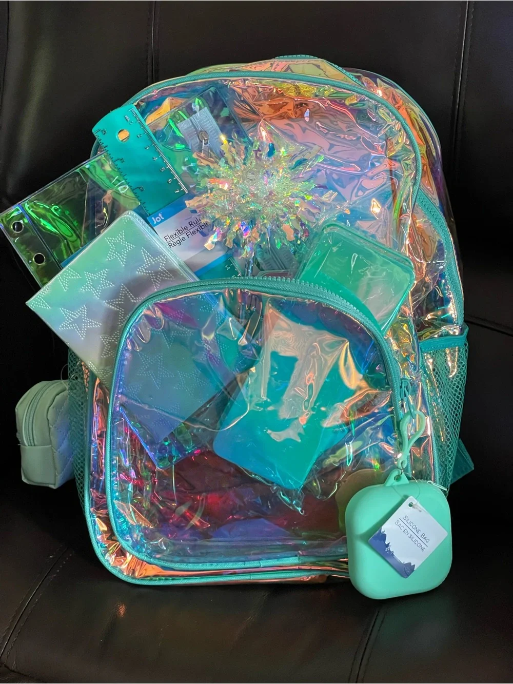 Holographic Teal Clear Backpack with Starry Wristlet
